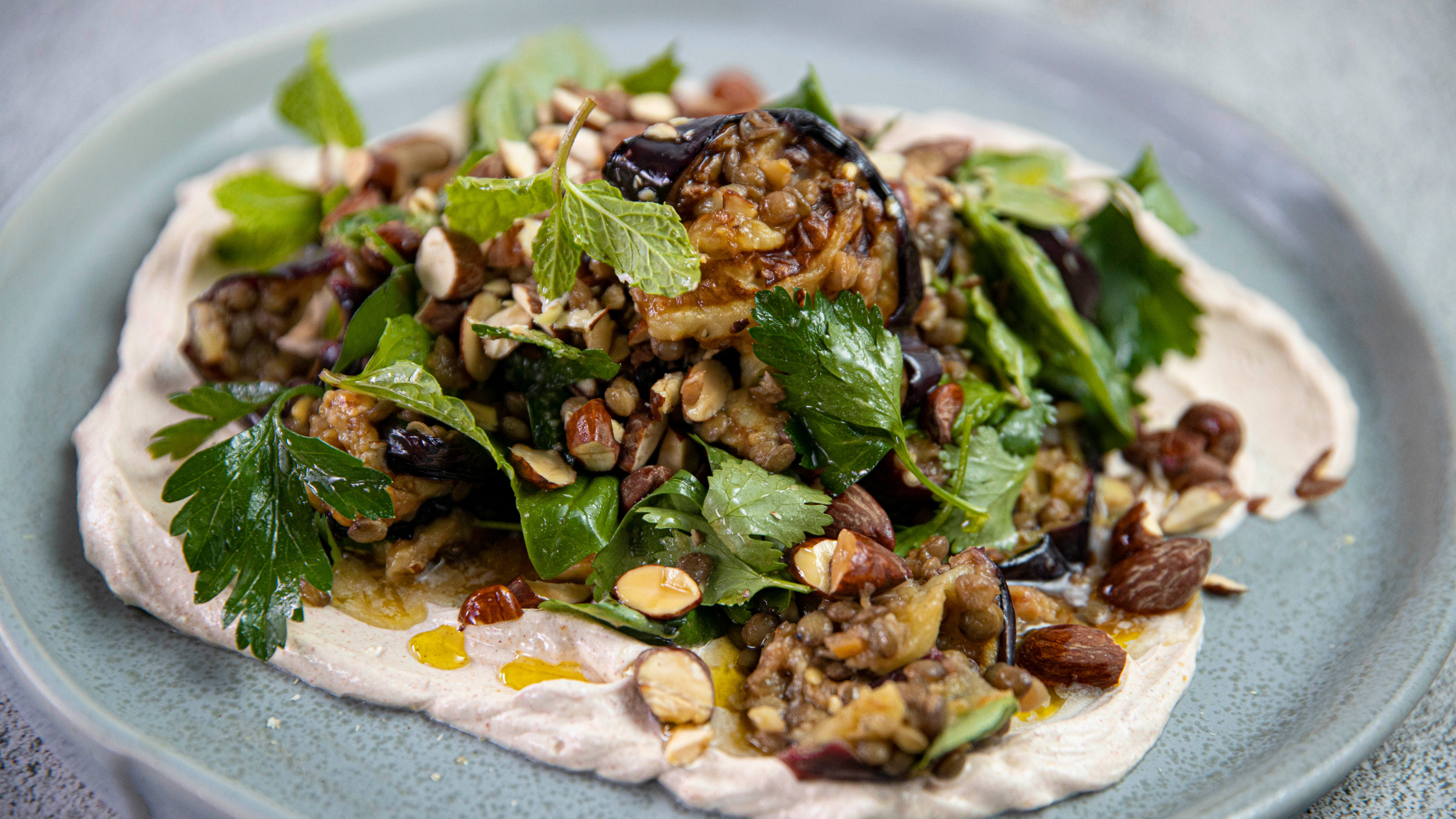 Grilled Eggplant Salad with Smoked Almonds