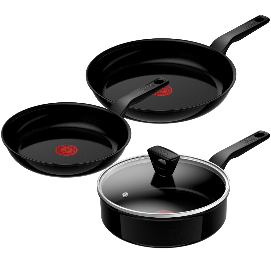 Tefal Renew Black Triple Pack 24/28cm Frypans & 24cm Sautepan - Ceramic Non-Stick Coating