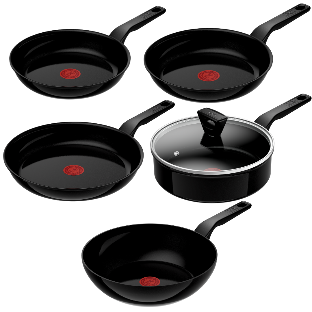 Tefal Renew Black 5pc Cookware Set 20/24/28cm Frypans, 28cm Wok, 24cm Sautepan - Ceramic Non-Stick Coating