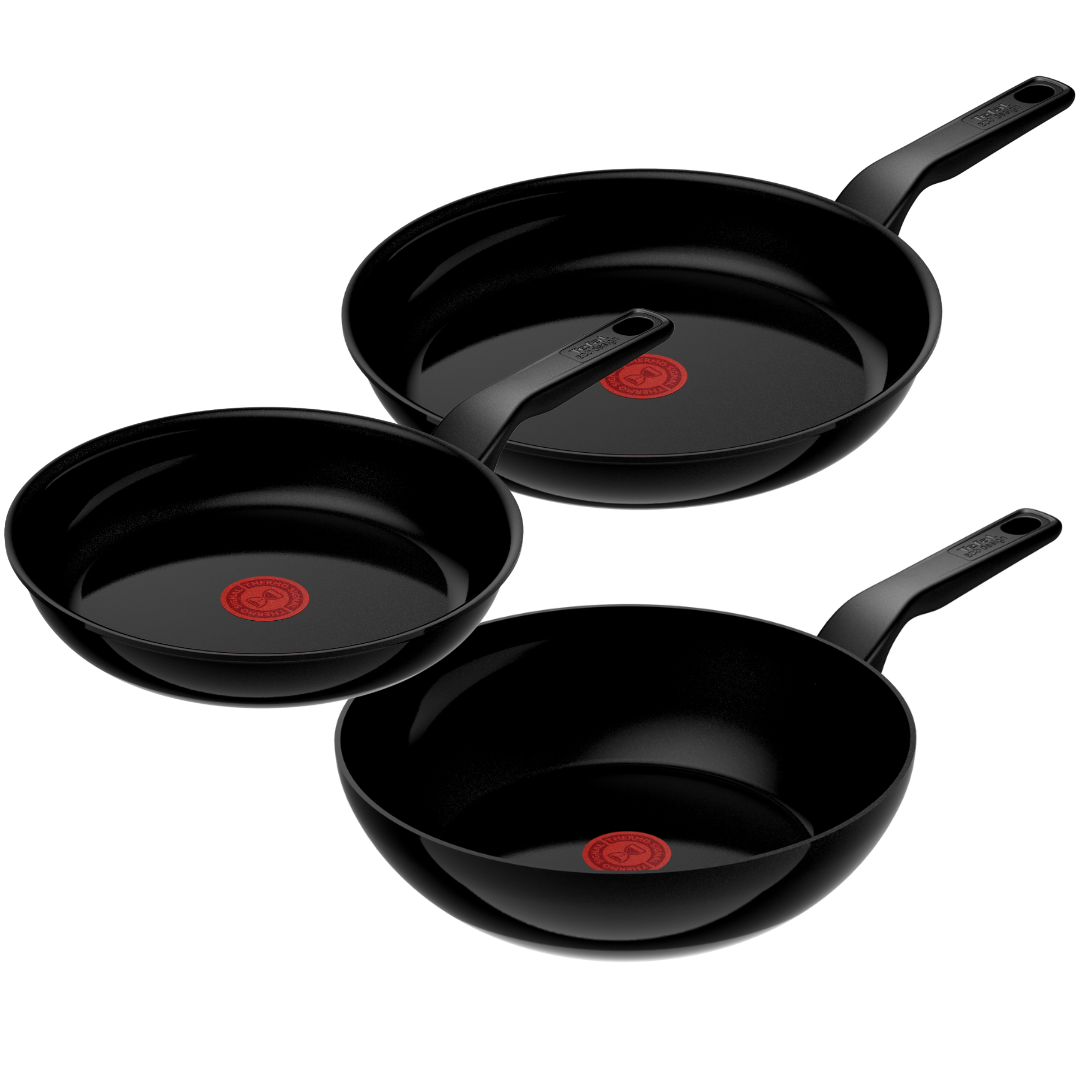 Tefal Renew Black Triple Pack 24/28cm Frypans & 28cm Wok - Ceramic Non-Stick Coating